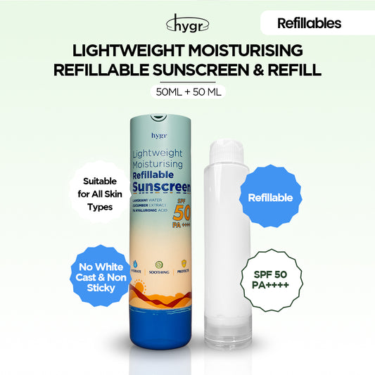 Lightweight Moisturising Refillable Sunscreen + 1% Hyaluronic Acid (No White Cast)