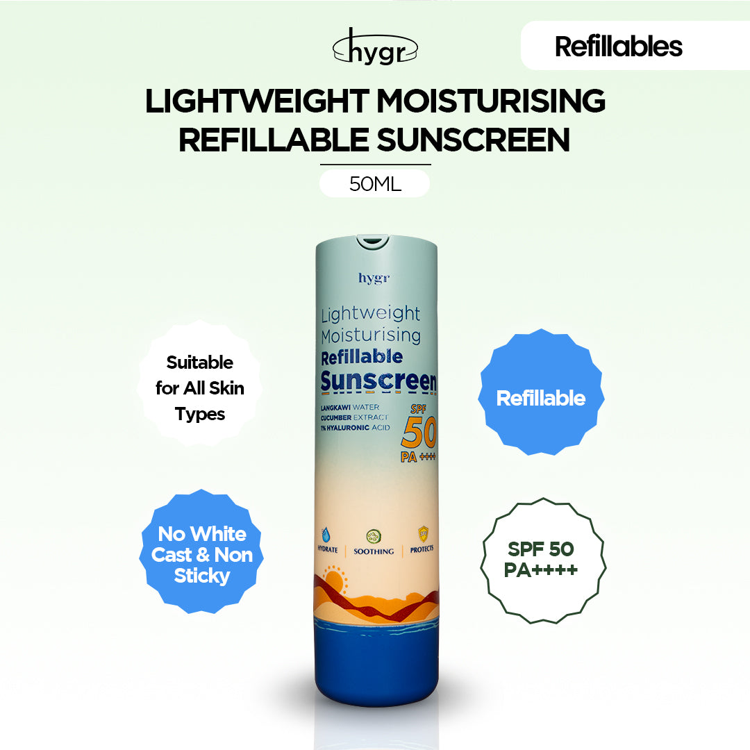 Lightweight Moisturising Refillable Sunscreen + 1% Hyaluronic Acid (No White Cast)