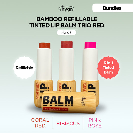 Trio Bamboo Refillable Natural Tinted Lip Balm Bundle + 2 % Hyaluronic Acid: 4g X 3