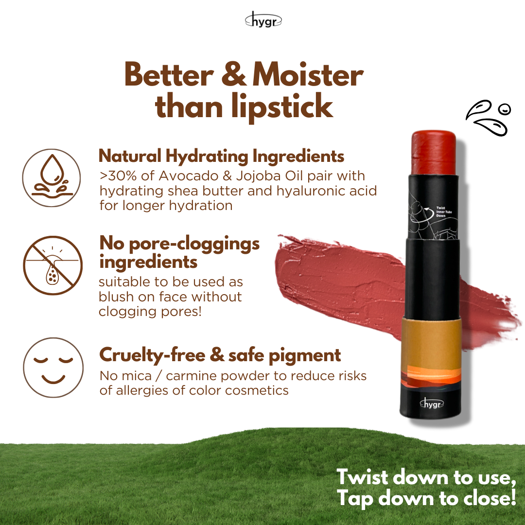 Hygr Natural Tinted Lip Balm in Papertube Packaging + 2% Hyaluronic Acid
