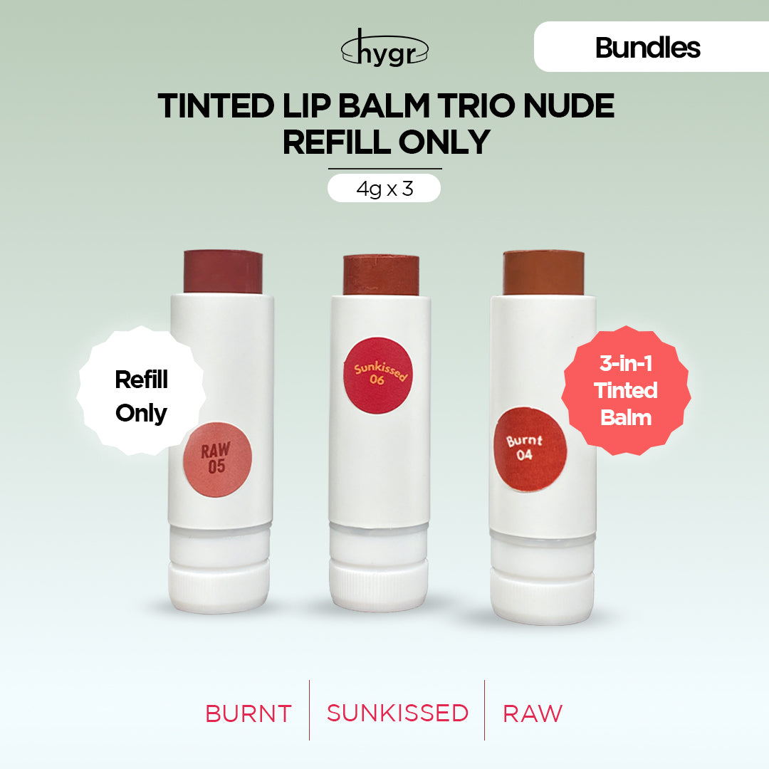 Trio Bamboo Refillable Natural Tinted Lip Balm Bundle + 2 % Hyaluronic Acid: 4g X 3