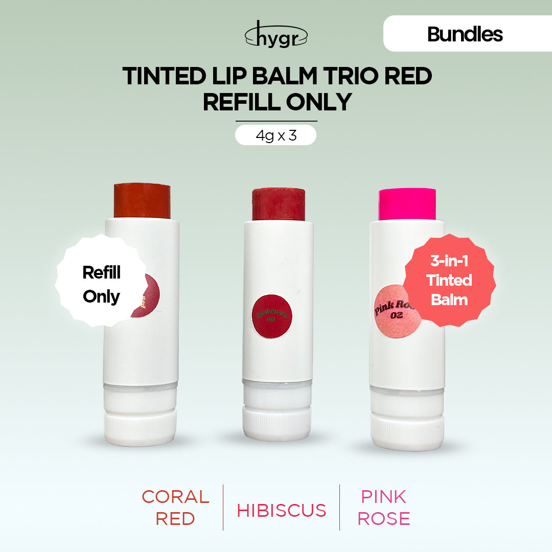 Trio Bamboo Refillable Natural Tinted Lip Balm Bundle + 2 % Hyaluronic Acid: 4g X 3