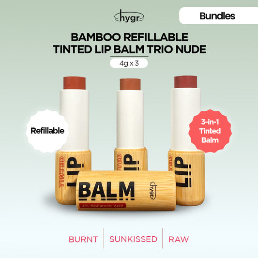 Trio Bamboo Refillable Natural Tinted Lip Balm Bundle + 2 % Hyaluronic Acid: 4g X 3