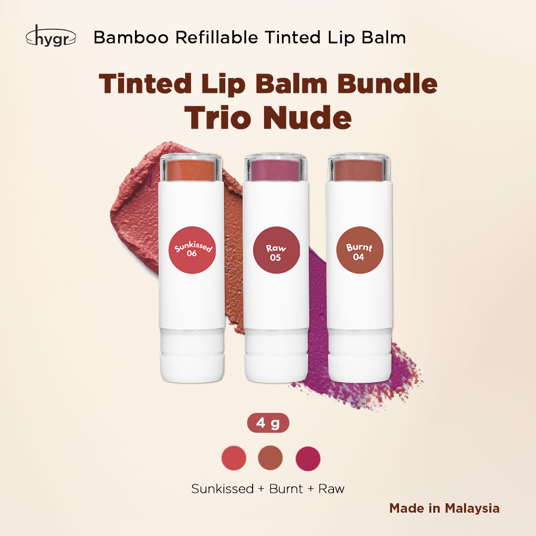 Trio Bamboo Refillable Natural Tinted Lip Balm Bundle + 2 % Hyaluronic Acid: 4g X 3