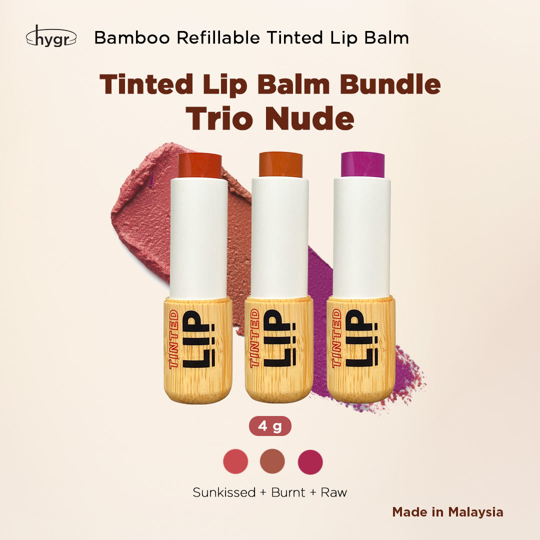 Trio Bamboo Refillable Natural Tinted Lip Balm Bundle + 2 % Hyaluronic Acid: 4g X 3