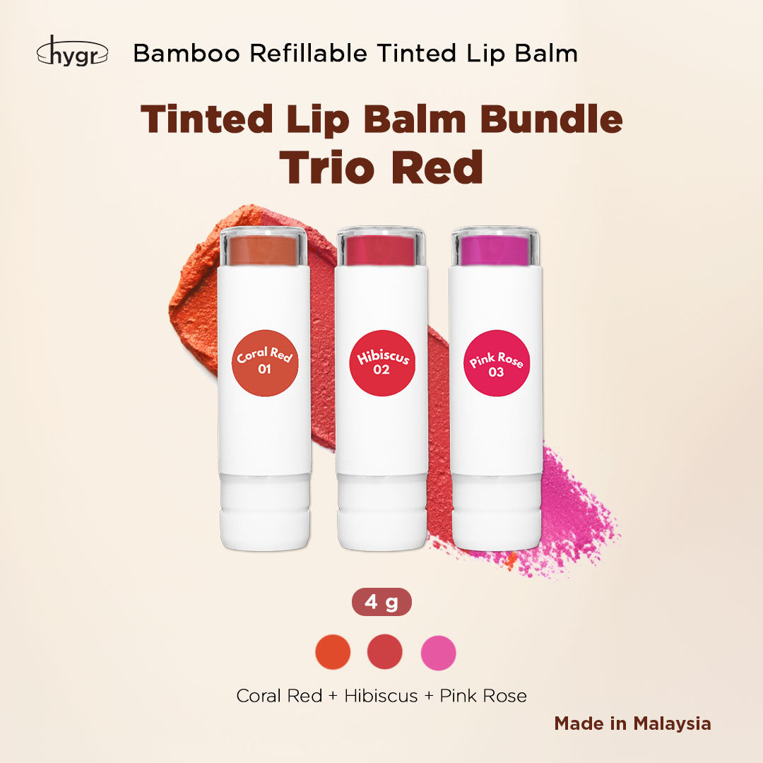 Trio Bamboo Refillable Natural Tinted Lip Balm Bundle + 2 % Hyaluronic Acid: 4g X 3