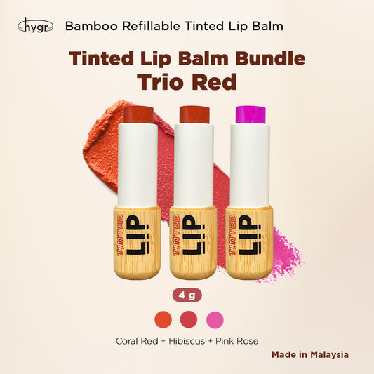 Trio Bamboo Refillable Natural Tinted Lip Balm Bundle + 2 % Hyaluronic Acid: 4g X 3
