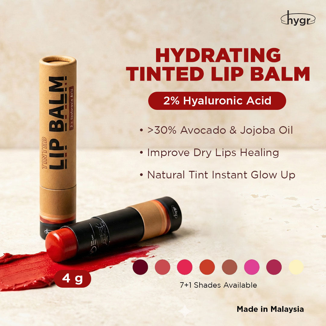 Hygr Natural Tinted Lip Balm in Papertube Packaging + 2% Hyaluronic Acid