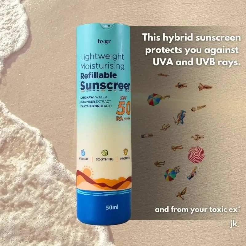 Lightweight Moisturising Refillable Sunscreen + 1% Hyaluronic Acid (No White Cast)