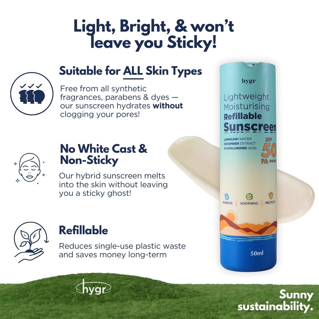 Lightweight Moisturising Refillable Sunscreen + 1% Hyaluronic Acid (No White Cast)