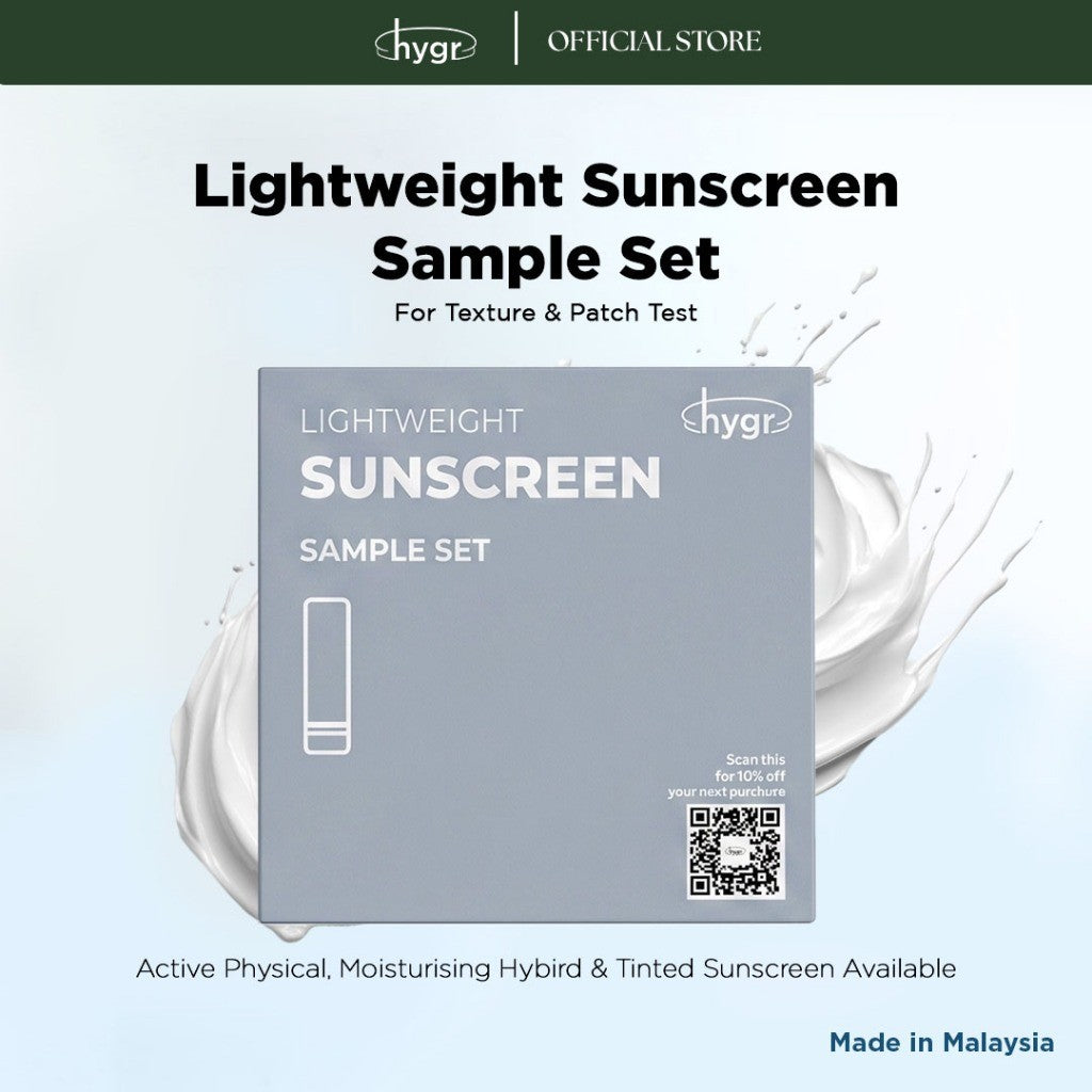 HYGR Lightweight Moisturising Active Physical, Hybrid Sunscreen & Tinted Sunscreen Sample Set